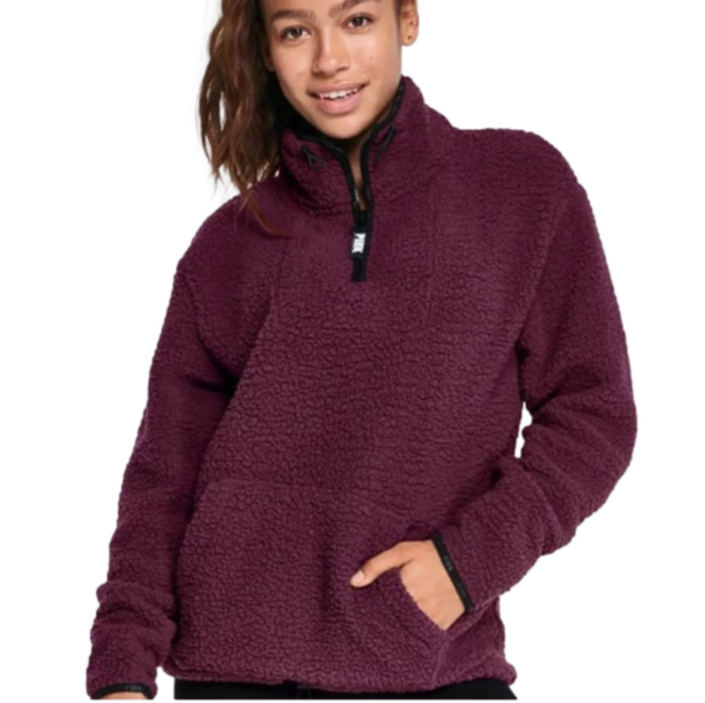 Pink by Victoria Secret Maroon Sherpa Quarter Zip Pull Over Jacket Size Small